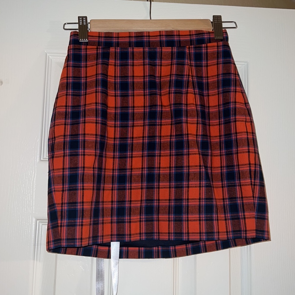 CLOSET SALE — Mistress Rocks House of CB XS Plaid Zip Up Mini Skirt Orange/Navy